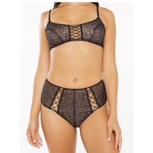 Black Mesh Lingerie Set Metallic Dot Lace Up Bralette High Waist Brief Small